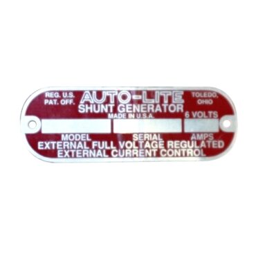 Autolite Generator Data Plate (6volt)  Fits  41-71 Willys & Jeep Vehicles