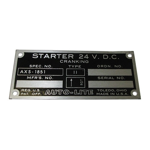Auto-Lite 24 Volt Starter Motor Data Plate Fits 50-66 M38, M38A1
