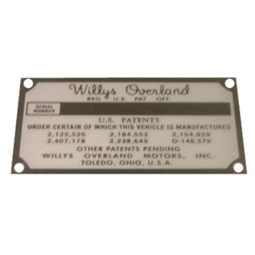 Patent Registration Data Plate Fits  41-71 Jeep & Willys