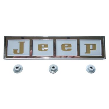 Reproduction "JEEP" Tailgate Emblem (white background with gold letters)  Fits 41-71 Jeep & Willys