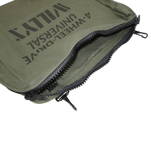 Stenciled "Willys" Zipper Bag with Black Spring Clip Hooks Fits 41-71 Jeep & Willys (Olive Drab)